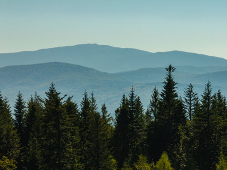 Little Beskids mountain range.Aerial drone view of Rzyki Village in Beskid Maly Poland.Beskid Maly aerial panorama of potrojna hill and czarny gron.Czarny gron ski resort in Rzyki, Andrychow, Poland.の写真素材