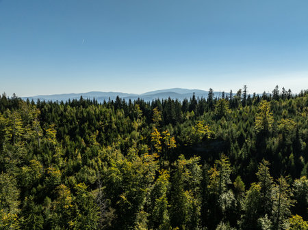 Little Beskids mountain range.Aerial drone view of Rzyki Village in Beskid Maly Poland.Beskid Maly aerial panorama of potrojna hill and czarny gron.Czarny gron ski resort in Rzyki, Andrychow, Poland.の写真素材