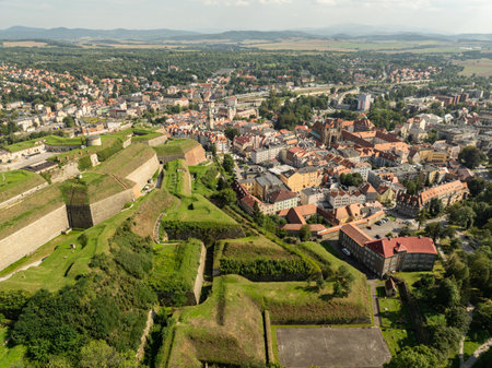 Aerial drone view of Klodzko Fortress and town Klodzko. Klodzko Fortress (German: Festung Glatz) a preserved fortress in Klodzko, a defense system from the 17th and 18th centuries in Poland.の写真素材