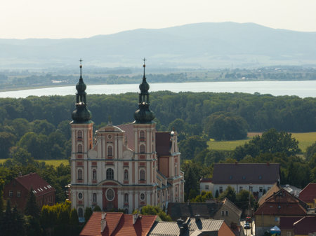 Otmuchow town in summer. Otmuchow panorama from drone aerial fly.Aerial drone view of castle and Church in Otmochow a town in Nysa County, Opole Voivodeship, Poland.の写真素材