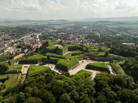 Aerial drone view of Klodzko Fortress and town Klodzko. Klodzko Fortress (German: Festung Glatz) a preserved fortress in Klodzko, a defense system from the 17th and 18th centuries in Poland.の写真素材