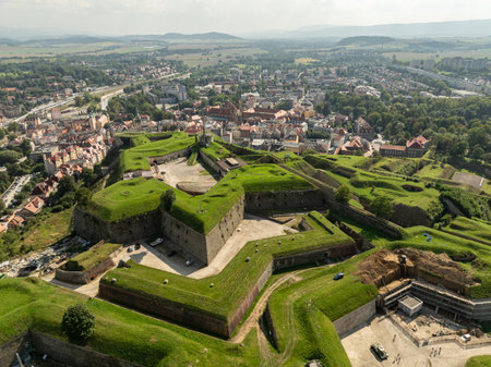 Aerial drone view of Klodzko Fortress and town Klodzko. Klodzko Fortress (German: Festung Glatz) a...