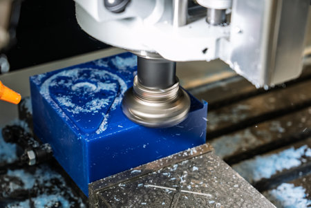 Metalworking CNC lathe milling machine with coolant. Milling a piece of plastic. Industrial...