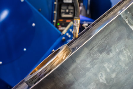 Robot welds steel. Welding head. Welding robot. CNC welding. Robotization and automation of the...
