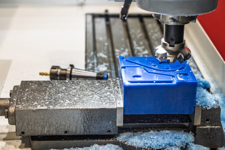 Metalworking CNC lathe milling machine with coolant. Milling a piece of plastic. Industrial metalworking cutting process on cnc machine. Milling tool works on a CNC milling machineの写真素材