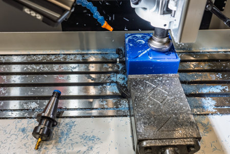 Metalworking CNC lathe milling machine with coolant. Milling a piece of plastic. Industrial...
