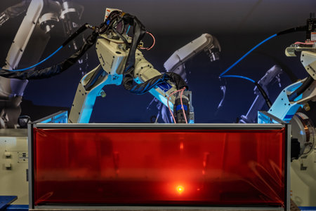 Robot welds steel. Welding head. Welding robot. CNC welding. Robotization and automation of the...