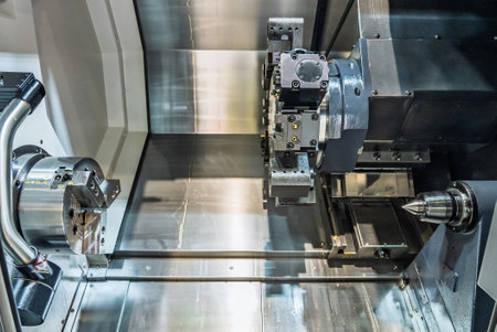 Cnc machine. The CNC lathe machine or Turning machine. Turning numerical control machine with tools...