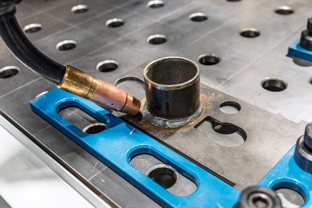 Robot welds steel. Welding head. Welding robot. CNC welding. Robotization and automation of the...