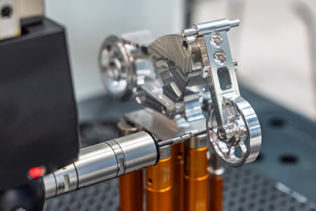 3d precision measurement on machine quality control parts. Measuring machine for finished parts after cnc machining. Measuring machine. 3D coordinate measuring machine.の写真素材