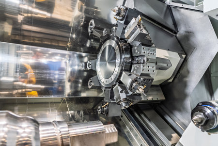 Cnc machine. The CNC lathe machine or Turning machine. Turning numerical control machine with tools...