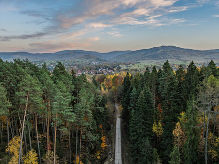Aerial drone view of autumn in the Beskid Mountains. Sunny autumn in mountains, Milowka, Poland. Colorful autumn trees and forest in the mountains.の写真素材