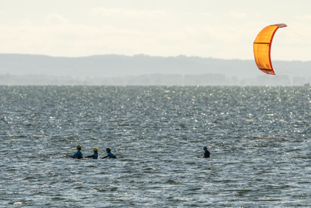 People swim on the sea on a kiteboard or kitesurfing. Summer sport learning how to kitesurf. Kitesurfing lessons on the bay.Kite surfing on bay. Hel Peninsula, Puck bay, Jastarnia, Poland.の写真素材