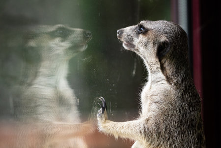 Group of meerkats attentively standing upright. Meerkat standing, alert and curious as they observe their surroundings.の写真素材