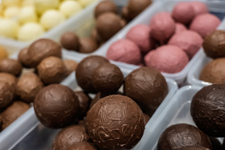Close up of assorted chocolate truffles in various colors and textures. Colorful chocolate balls....