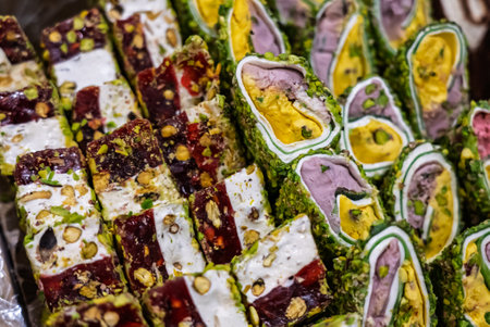 Turkish delight or lokum, halgoum is a family of confections with starch and sugar. Premium turkish delight. Famous turkish and greek sweet dessert. Turkish delight close up shot of colorful sweetsの写真素材