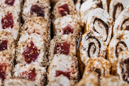 Turkish delight or lokum, halgoum is a family of confections with starch and sugar. Premium turkish delight. Famous turkish and greek sweet dessert. Turkish delight close up shot of colorful sweetsの写真素材