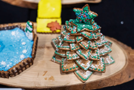 Christmas gingerbread. Artfully made gingerbread made in a festive atmosphere. Colorful gingerbread with handmade patterns. Beautifully made Christmas cookiesの写真素材