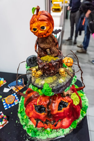 Artistic colorful handmade chocolate cakes. Cakes with a lot of artistic details. Characters on cakes. Realistic handmade cakeの写真素材