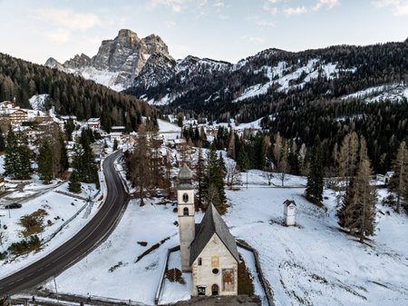 Panoramic view of the Dolomites mountains in winter, Italy. Ski resort in Dolomites, Alps in Italy. Aerial drone view of ski slopes and mountains in dolomites.の写真素材