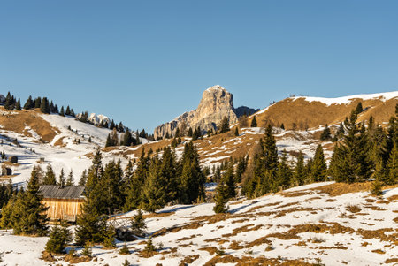 Sella Ronda group. Italian Dolomites drone aerial view in winter snow sunny days. Sella Ronda .Aerial landscape of snowy Italian Alps Dolomites with Sella group in front.の写真素材