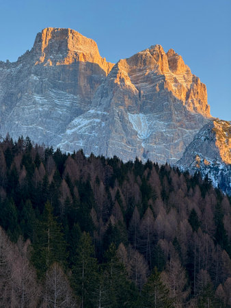 Panoramic view of the Dolomites mountains in winter, Italy. Ski resort in Dolomites, Alps in Italy. Aerial drone view of ski slopes and mountains in dolomites.の写真素材