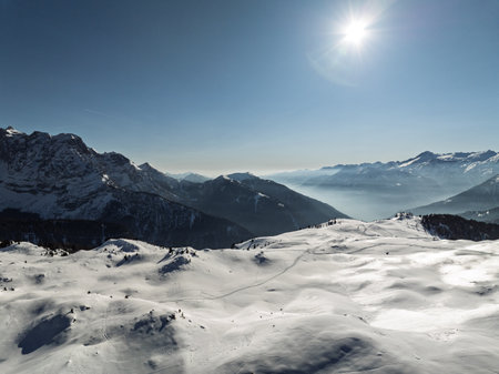 Aerial drone view of sunny winter in dolomites, alps. Spinale and Madonna di Campiglio drone view....