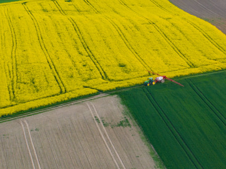Aerial view of tractor spraying crops on vast agricultural fields in springtime. Drone shot of a tractor spraying blooming yellow rapeseed fields and green crops. Agricultural fields landscape.の写真素材