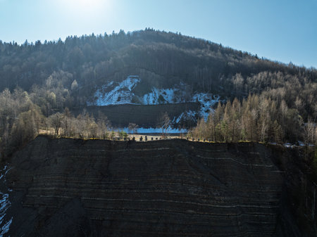 Aerial drone view of Quarry in Kozy an inactive quarry of Lgocka sandstones located on slope of...
