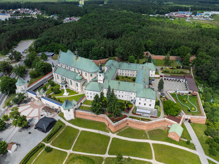 Aerial drone view of the Bernardine Monastery in Lezajsk, Poland, captured in summer. Historic...