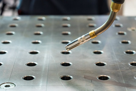 Robot welds steel. Welding head. Weld robot. CNC welding. Robotization and automation of the weld process. Robot welding steel. Industrial welding robot and working with metal parts.の写真素材