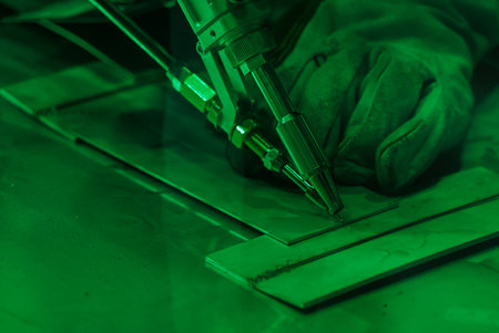 Close up of a human hand performing laser welding on metal, bright flying sparks. Robotization and automation of the weld process. Robot welding steel. Industrial welding and working with metal parts.の写真素材