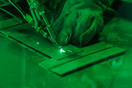 Close up of a human hand performing laser welding on metal, bright flying sparks. Robotization and...