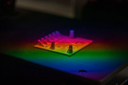 A machine for scanning and measuring details. A laser scans the detail for measurement. Measurement of details for machining. A modern machine for scanning and measuring objects.の写真素材