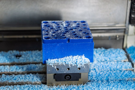 Metalworking CNC lathe milling machine with coolant. Milling a piece of plastic. Industrial...