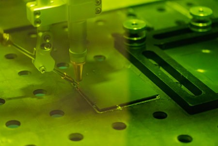 Close up of a human hand performing laser welding on metal, bright flying sparks. Robotization and...