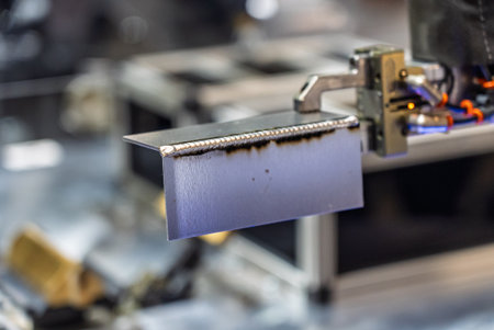 Robot welds steel. Welding head. Weld robot. CNC welding. Robotization and automation of the weld process. Robot welding steel. Industrial welding robot and working with metal parts.の写真素材