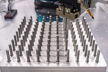The robot arm places pins and shafts on a pallet. Production automation. Robotic inspection arm...