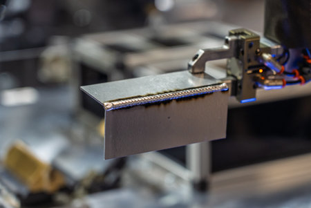 Robot welds steel. Welding head. Weld robot. CNC welding. Robotization and automation of the weld...