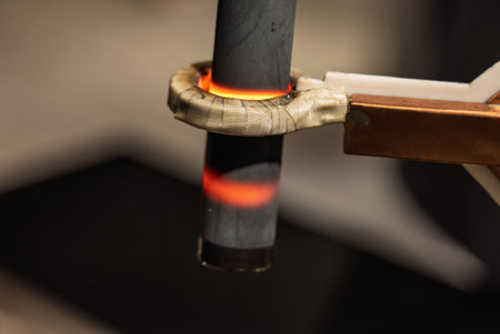 Induction hardening type of surface hardening. Metal part is induction-heated and then quenched. Quenched metal. Induction heating process. Electromagnetic induction. Surface hardening of steel.の写真素材
