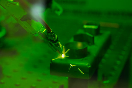 Close up of laser welding on metal, bright flying sparks. Automation of the weld process. Robot welding steel. Industrial welding and working with metal parts.の写真素材