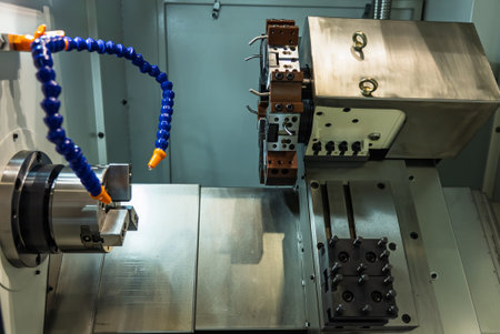 Cnc machine. The CNC lathe machine or Turning machine. Turning numerical control machine with tools...