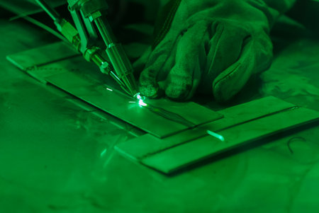 Close up of a human hand performing laser welding on metal, bright flying sparks. Robotization and...