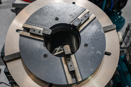 Large lathe chuck. Lathe with large chuck. Part clamping systems in CNC machines. Vice for clamping...