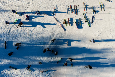Panoramic view of the Civetta Dolomites mountains in winter, Italy. Resort in Dolomites, Italy. Aerial drone view of slopes and mountains in dolomites. Monte Pelmo and mont civetta peaks.の写真素材