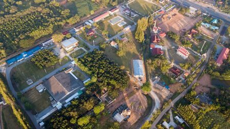 Asia Country Farmland With sunrise sky from drone aerial view with animal housing infrastructure.の写真素材