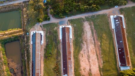 Asia Country Farmland With sunrise sky from drone aerial view with animal housing infrastructure.の写真素材