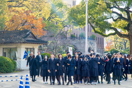 Osaka castle tower in japan, in Autumn, maple leaf colour change, very beautiful design on architectureのeditorial素材