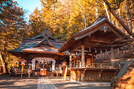 Beautiful view of mountain Fuji and Chureito pagoda, Fujiyoshida, Japan. Backgound of Fuji Autumn leaves during sunset with clear blue sky.のeditorial素材