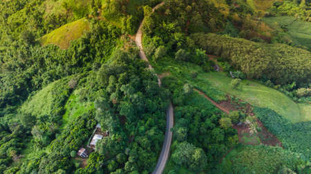 Aerial view of sky road over top of mountain with fog and green jungle after raining in morning, doi sakad, Pua, Nan, Thailand. The transportation by road across beautiful mountain. Shot from drone.の写真素材
